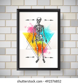 Interior poster with skeleton and watercolor. Hand drawn vector illustration.