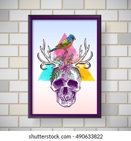 Interior poster skull with bird. Hand drawn vector illustration. Boho style.