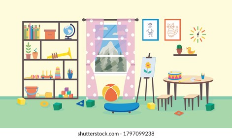 Interior of preschool classroom with educational toys and furniture. Kindergarten study room or elementary school class. Vector flat cartoon illustration. Horizontal banner.