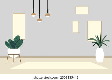 Interior presentation. Empty living room interior. Gray wall, picture frames, indoor plants, loft-style ceiling lamps suspended on cords. Home design, fashionable shapes. Vector illustration