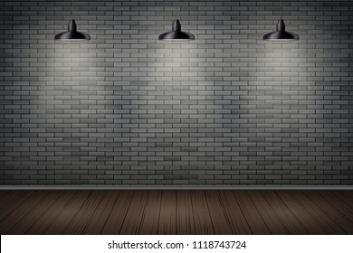 Interior Of Prison With Black Brick Wall And Vintage Pendant Lamps. Vintage Jail And Prison Cell. Concept Design For Quest Rooms And Games. Editable Vector Illustration.