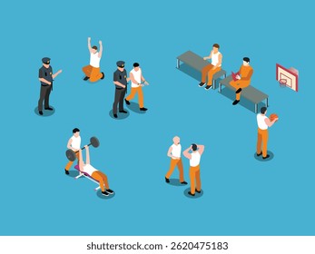interior de uma instalação prisional com detentos envolvidos em várias atividades, como exercícios, leitura e supervisão por guardas, contra um fundo azul ilustração isométrica 3d