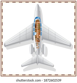 interior of a private jet. Isolated on white background. View from above. Vector illustration.