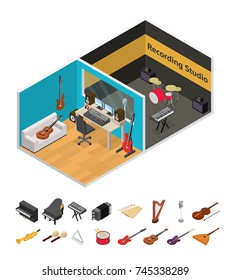 Interior Professional Sound Music Recording Studio and Part Set Isometric View with Furniture and Equipment. Vector illustration