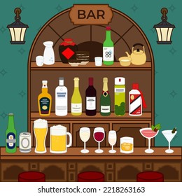 Interior of pub and bar counter with alcohol bottles, cups and glasses on shelves