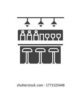 Interior of pub, cafe or bar black glyph icon. Bar counter, chairs and shelves with alcohol bottles. Pictogram for web page, mobile app, promo. UI UX GUI design element.