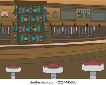 Interior of pub, cafe or bar. Drinking establishment. Wooden decor. Bar counter, chairs and shelves with alcohol bottles. Glasses, tv, dart, fridge and lamp.  Vector illustration in flat style