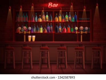 interior of a pub with chairs and an assortment of alcohol, vector illustration