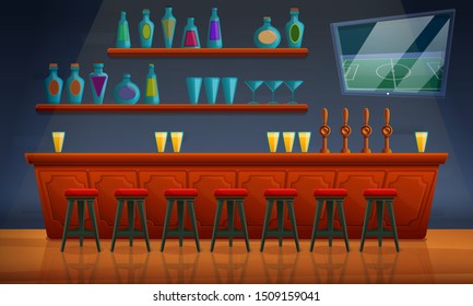 interior of a pub with chairs and an assortment of alcohol, vector illustration