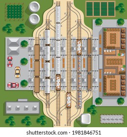 Interior of the railway station. View from above. Vector illustration.