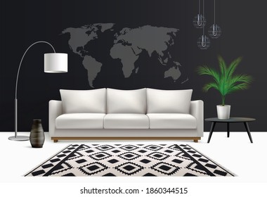 Interior realistic composition with white sofa lamp and pot flower with world map wallpaper and carpet vector illustration