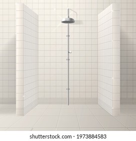 Interior of a realistic shower stall made of ceramic tiles. Vector illustration