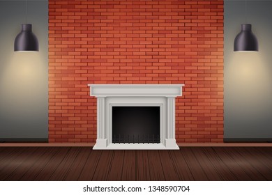Interior of red brick wall with fireplace and vintage pendant lamps. Fashion living room interior. Vector Illustration.