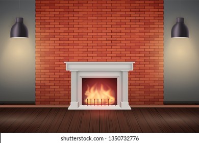 Interior of red brick wall with fireplace and vintage pendant lamps. Fashion living room interior. Vector Illustration.