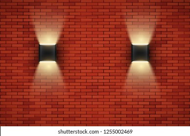 Interior of red brick wall with sconce lamps. Vintage loft room and fashion interior. Vector Illustration