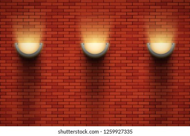 Interior of red brick wall with sconce lamps on wall. Vintage loft room and fashion interior. Vector Illustration