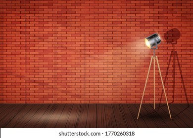 Interior of red brick wall and Spotlight Tripod floor lamp. Background of loft and trendy showroom or cafe. Decorative Floor Lamp Tripod Model. Vector Illustration.