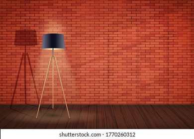Interior of red brick wall and Tripod floor lamp. Background of loft and trendy showroom or cafe. Decorative Floor Lamp Tripod Model with Black Silk Shade and solid wood legs. Vector Illustration.