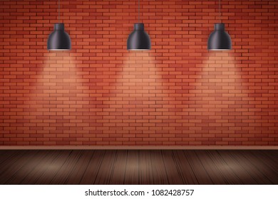 Interior of red brick wall with vintage pendant lamps and wooden floor. Vintage Rural room and fashion interior. Grunge Industrial Texture. Background of loft and trendy showroom or cafe. Vector.