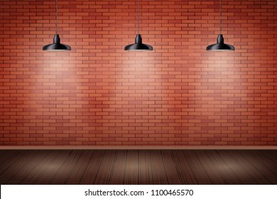 Interior of red brick wall with vintage pendant lamps and wooden floor. Vintage Rural room and fashion interior. Grunge Industrial Texture. Background of loft and trendy showroom or cafe. Vector.