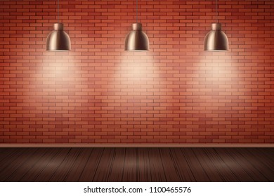 Interior of red brick wall with vintage pendant brass lamps and wooden floor. Vintage Rural room and fashion interior. Grunge Industrial Texture. Background of loft and trendy showroom or cafe. Vector