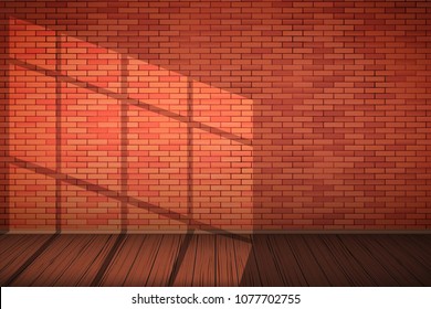 Interior of red brick wall and wooden floor with sunlight. Vintage Rural room and fashion interior. Grunge Industrial Texture. Background of loft. Vector Illustration.