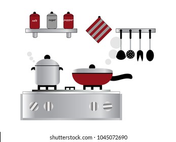 Interior of red kitchen, pans on the stove, cooking. Vector illustration flat style
