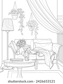 Interior. Relaxation area on the loggia. Black and white illustration, coloring book for adults.