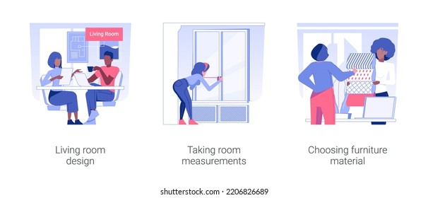 Interior rennovation isolated concept vector illustration set. Living room design, taking room measurements, choosing furniture material, apartment custom repair service vector cartoon.