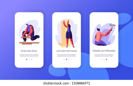 Interior Renovation Decor Mobile App Page Onboard Screen Set. Handyman Lying Wooden Parquet. Woman Gluing Wallpaper. Person Paint Wall Website or Web Page. Flat Cartoon Vector Illustration
