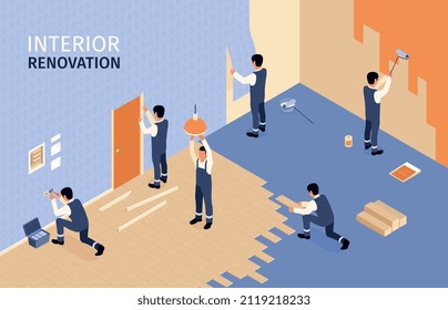 La renovación del interior fondo isométrico con paredes pintadas por un equipo de artesanos pegando papeles pintados haciendo trabajos electrotécnicos ilustración vectorial