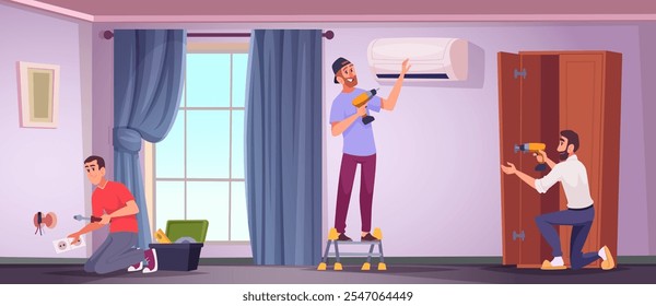 Renovação do interior. Serviços de manutenção construtores instalando e fixando velho sala de estar exato vetor desenhos animados fundo