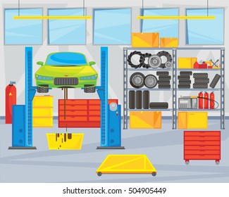 interior repair shop. the car being repaired in the garage. vector illustration.