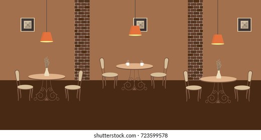Interior of restaurant in a brown colors. There are three tables and chairs in the image. There are also pictures in the frames on the wall and orange lamps here. Vector flat illustration.