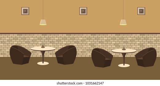 Interior of a restaurant with brown furniture on a brick wall background. There are two tables and armchairs in the image. There are also pictures in the frames on the wall and lamps here. Vector