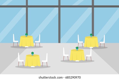 Interior restaurant or cafe in the airport on the background of a large glass window with tables, chairs, yellow tablecloth and bouquets of flowers