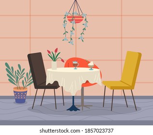 Interior of restaurant or cafe. Empty seats, chairs near table. Vase with tulips, glass with cocktail and ice cream at table. Hanging plant over table. Cartoon vector illustration without people