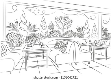 Interior of the restaurant or dining room overlooking the landscape park or garden. Sketch of interior. Vector