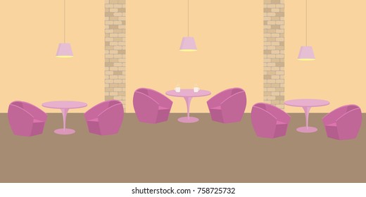 Interior of restaurant in a pink colors. There are tables and armchairs in the image. There are also lamps here. Vector flat illustration.