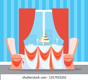 Interior of restaurant with table and wedding cake vector. Engagement reception, window with curtains and view on city. Rich ceremony and dessert