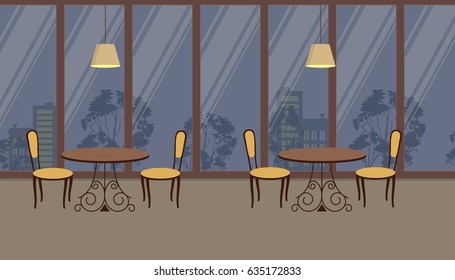 Interior of restaurant. There are two tables and four chairs on a window background in the picture. Vector flat illustration.