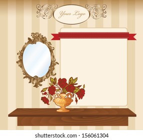 Interior retro background with vintage mirror and flowers