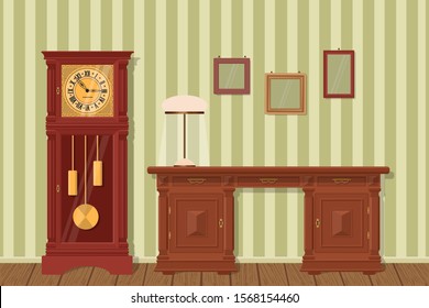 Interior retro design. Antique desk, grandfather clock, lamp with lampshade and frames on background of striped wallpaper. Vector illustration