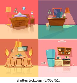 Interior Retro Set With Bedroom Dining Room Office And Kitchen Cartoon Isolated Vector Illustration 