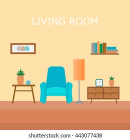 interior of a room with an armchair, lamp, bedside table, desk, book, image, vector illustration in flat style