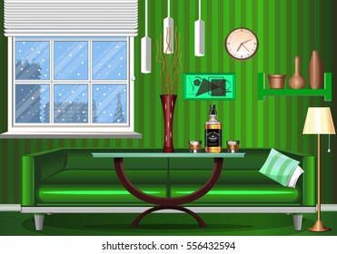 The interior of the room. Art design in green colors. Season winter. Night time . The living area. Table - furniture products. A bottle of liquor. Glass with ice. Template for your work.
