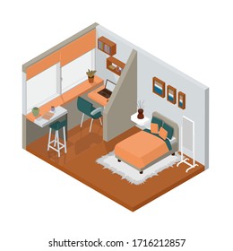 Interior room with a balcony. Work area on the terrace. Bedroom. Zoning of the apartment. Bright design. Style is isometry. Vector isolated illustration.