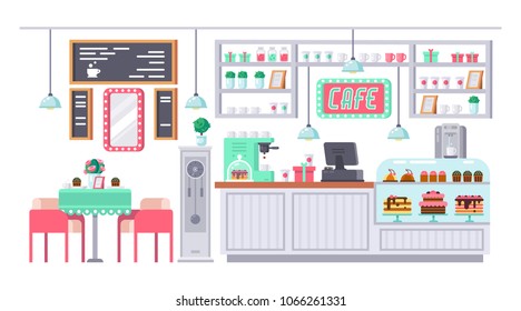 Interior of room bar, pub, cafe. Bar stand, chairs, shelves with alcohol products, snacks, drinks. Appliances, freezer, wooden stands and paintings, decor. Coffee bar, shop. Vector illustration.