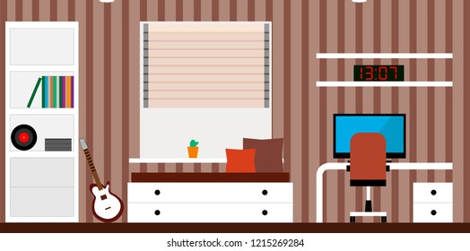 interior room with a bed, a computer desk, a guitar. Vector illustration