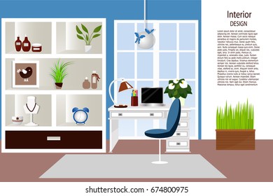 The interior of the room. Bedroom , working place at the window, table, cupboard, decor. Cartoon. Vector illustration